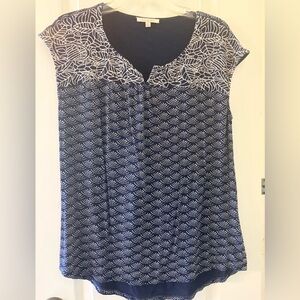 Skies Are Blue Navy and White Embroidered Patterned Cap-Sleeve Tank Top, Large